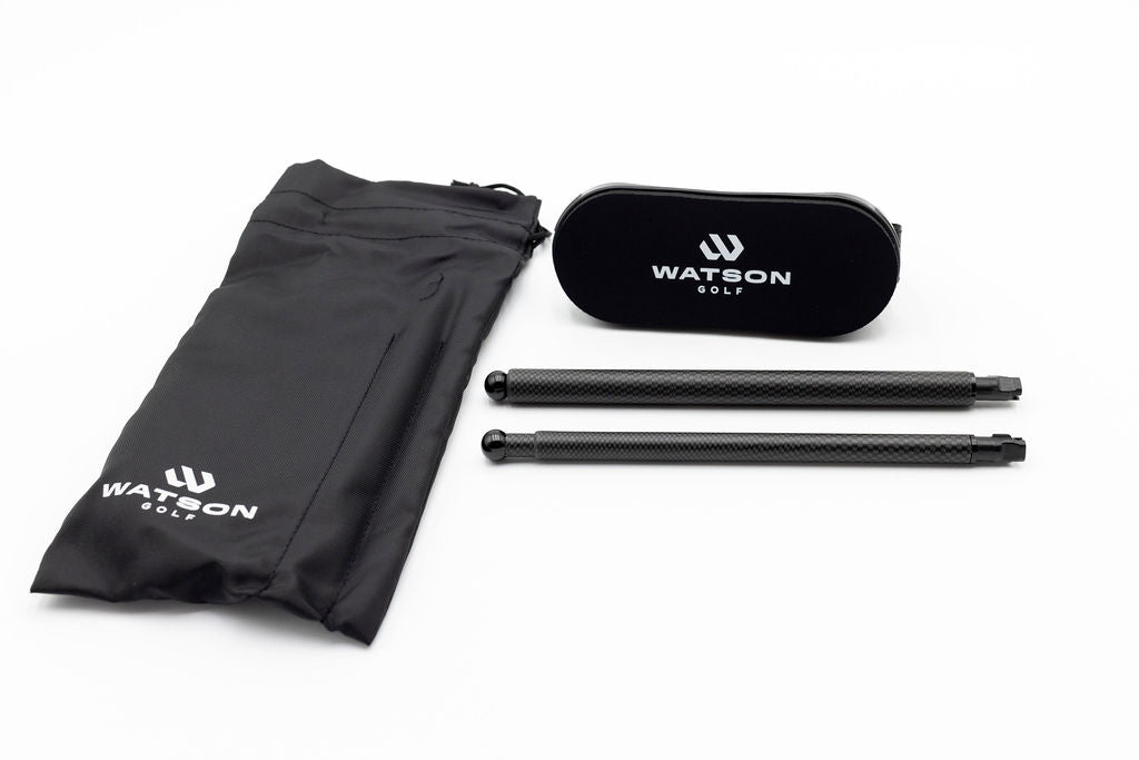 theTILTSTICK kit with alignment rods, case and Watson Golf pouch